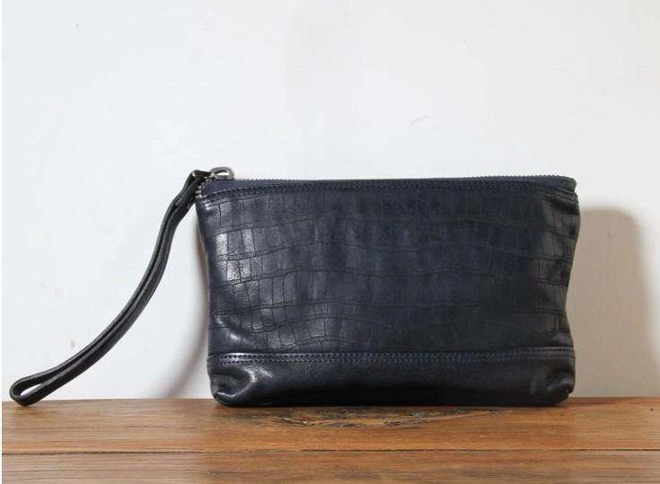 Genuine Leather Mens Clutch Cool Slim Wallet Zipper Clutch Wristlet Wallet for Men