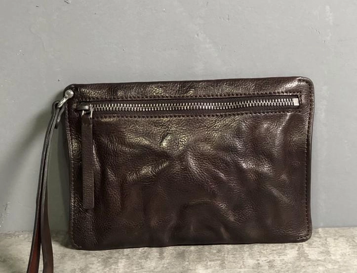 Genuine Leather Mens Clutch Cool Slim Wallet Zipper Clutch Wristlet Wallet for Men