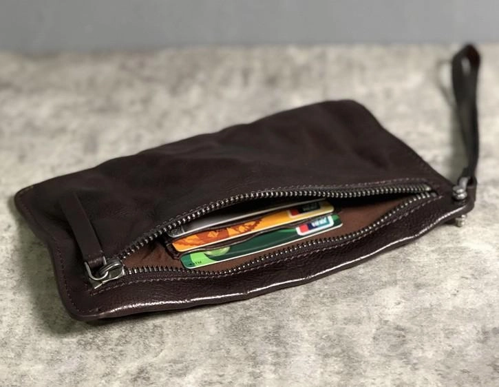 Genuine Leather Mens Clutch Cool Slim Wallet Zipper Clutch Wristlet Wallet for Men