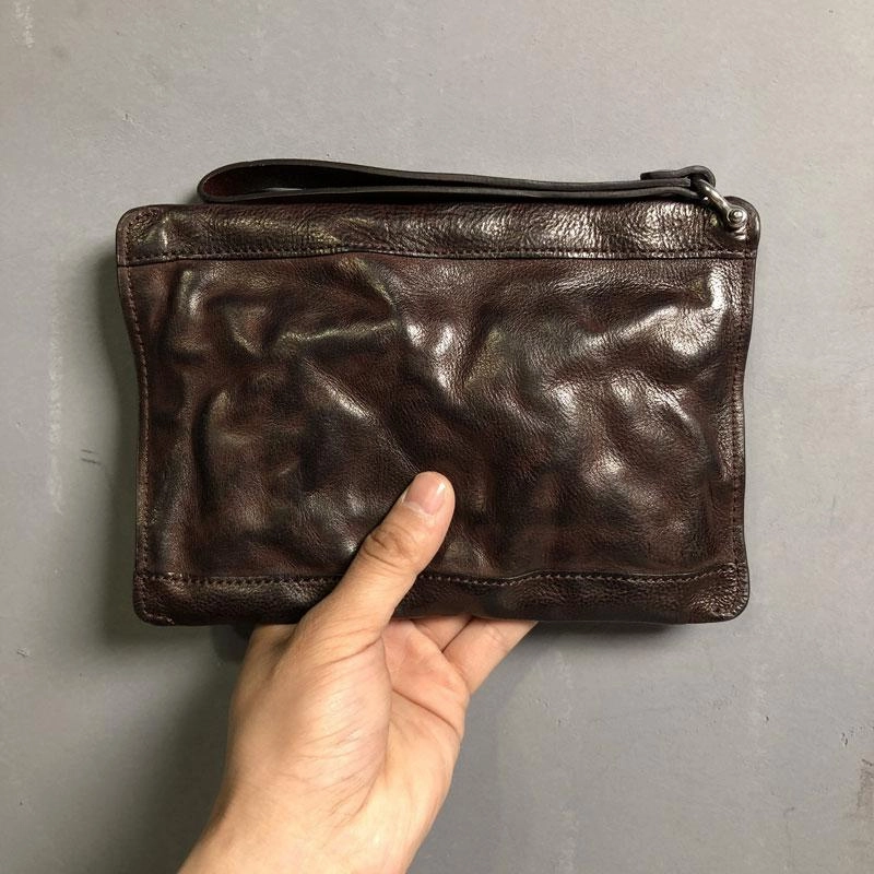 Genuine Leather Mens Clutch Cool Slim Wallet Zipper Clutch Wristlet Wallet for Men