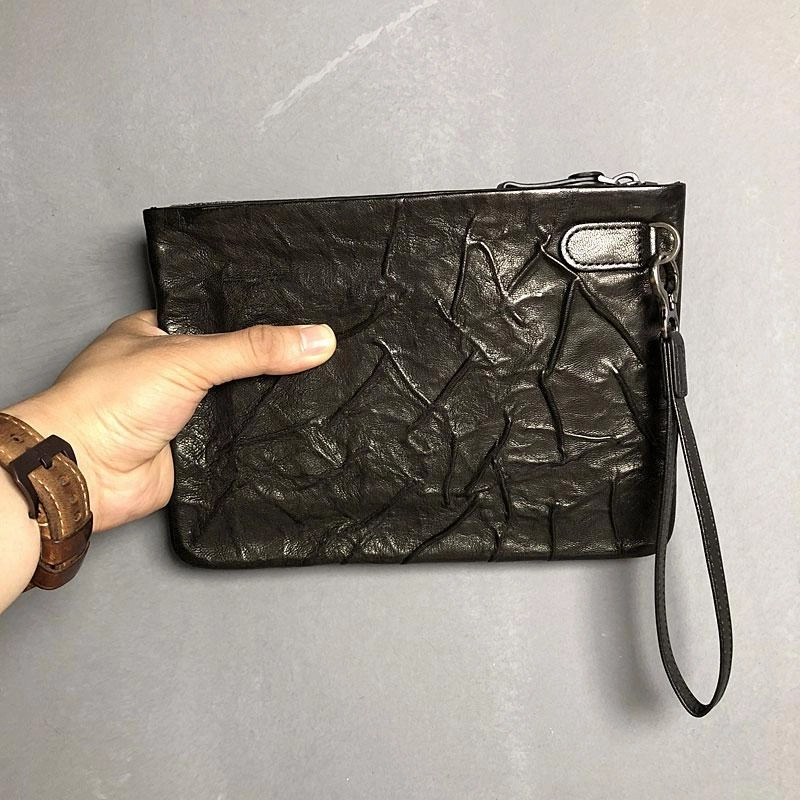 Genuine Leather Mens Clutch Cool Slim Wallet Zipper Clutch Wristlet Wallet for Men