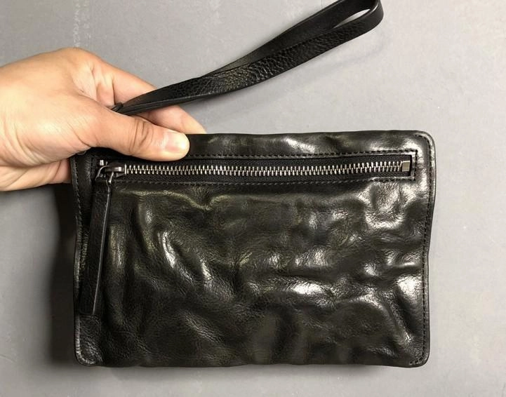 Genuine Leather Mens Clutch Cool Slim Wallet Zipper Clutch Wristlet Wallet for Men