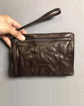 Genuine Leather Mens Clutch Cool Slim Wallet Zipper Clutch Wristlet Wallet for Men