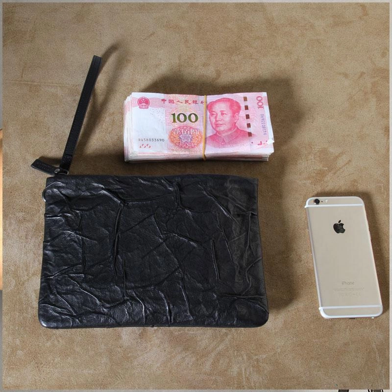 Genuine Leather Mens Clutch Cool Slim Wallet Zipper Clutch Wristlet Wallet for Men