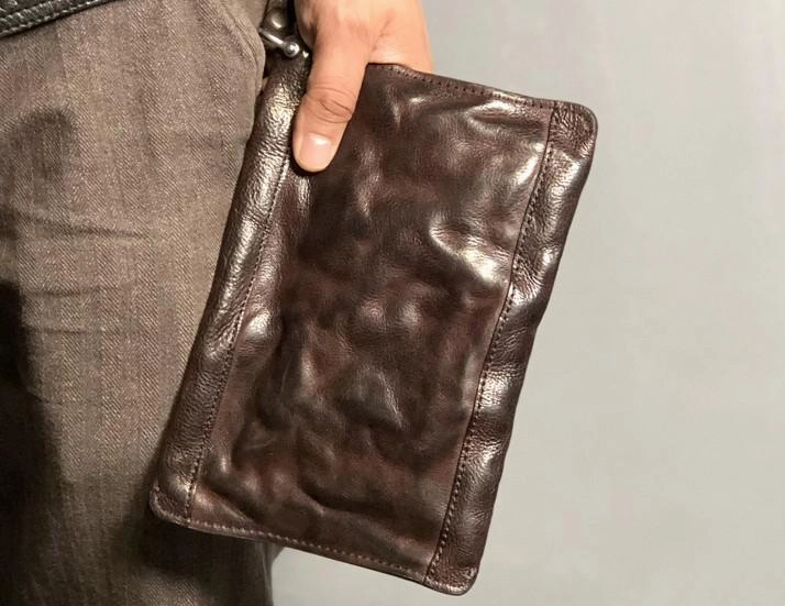Genuine Leather Mens Clutch Cool Slim Wallet Zipper Clutch Wristlet Wallet for Men