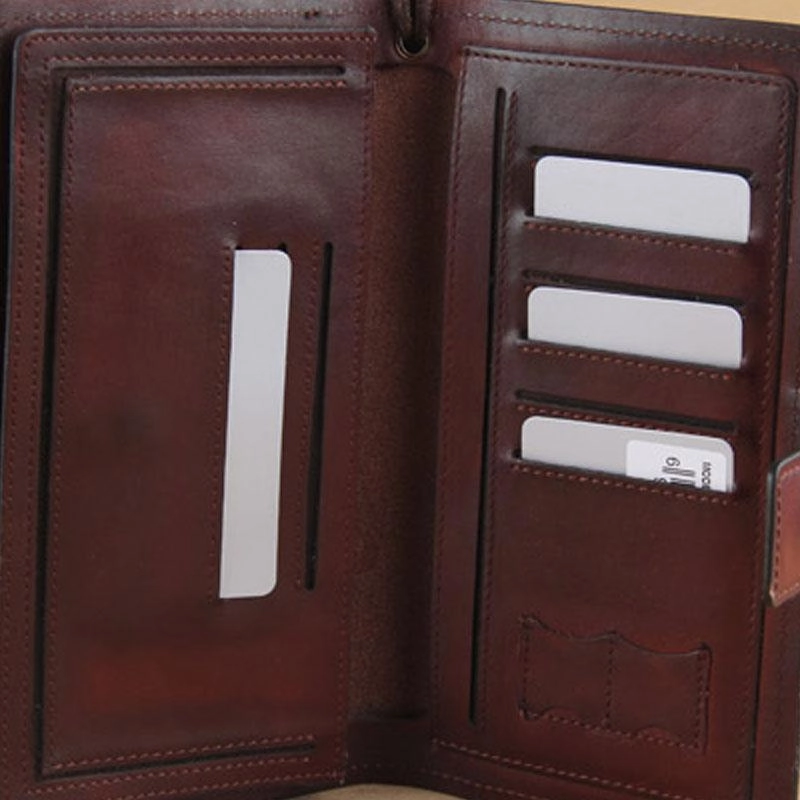 Genuine Leather Mens Cool Biker Chain Wallet Long Leather Wallet Slim Clutch Wristlet Wallet for Men