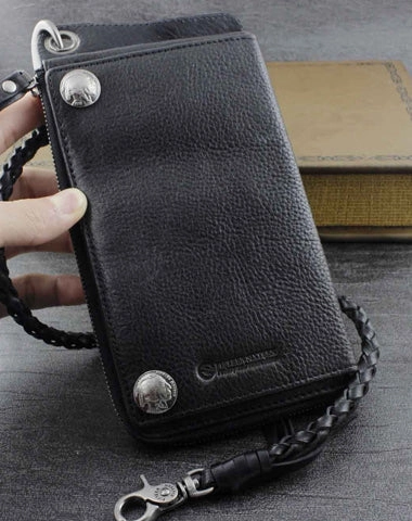 Genuine Leather Mens Cool Biker Chain Wallet Long Leather Wallet Slim Clutch Wristlet Wallet for Men