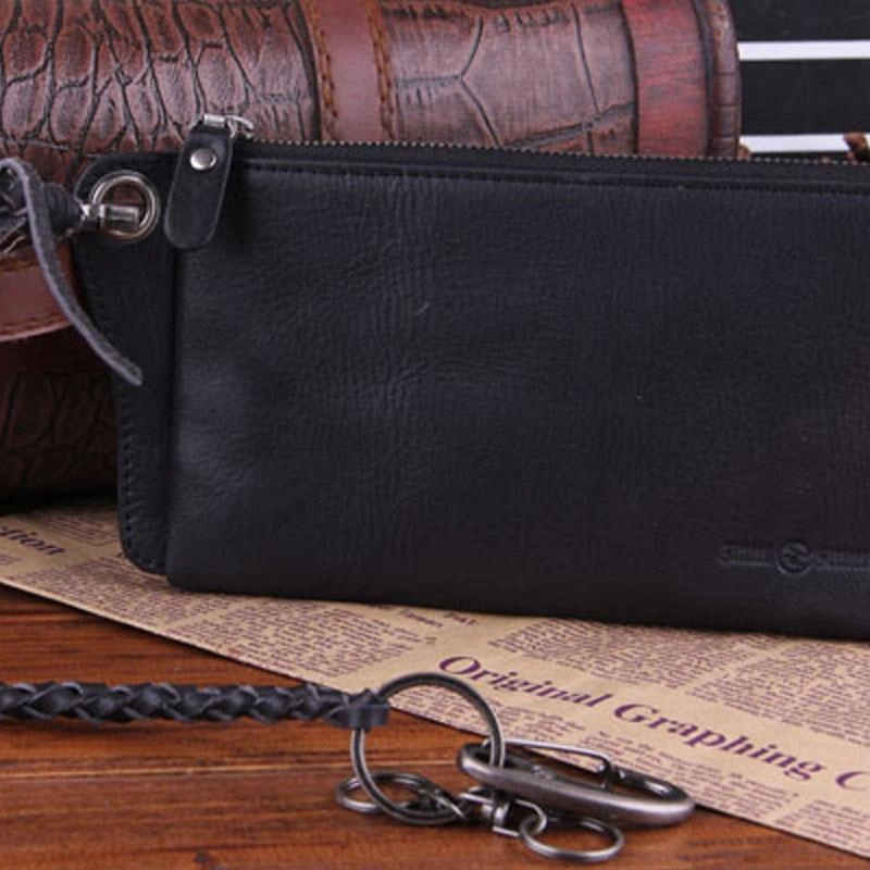 Genuine Leather Mens Cool Biker Chain Wallet Long Leather Wallet Slim Clutch Wristlet Wallet for Men