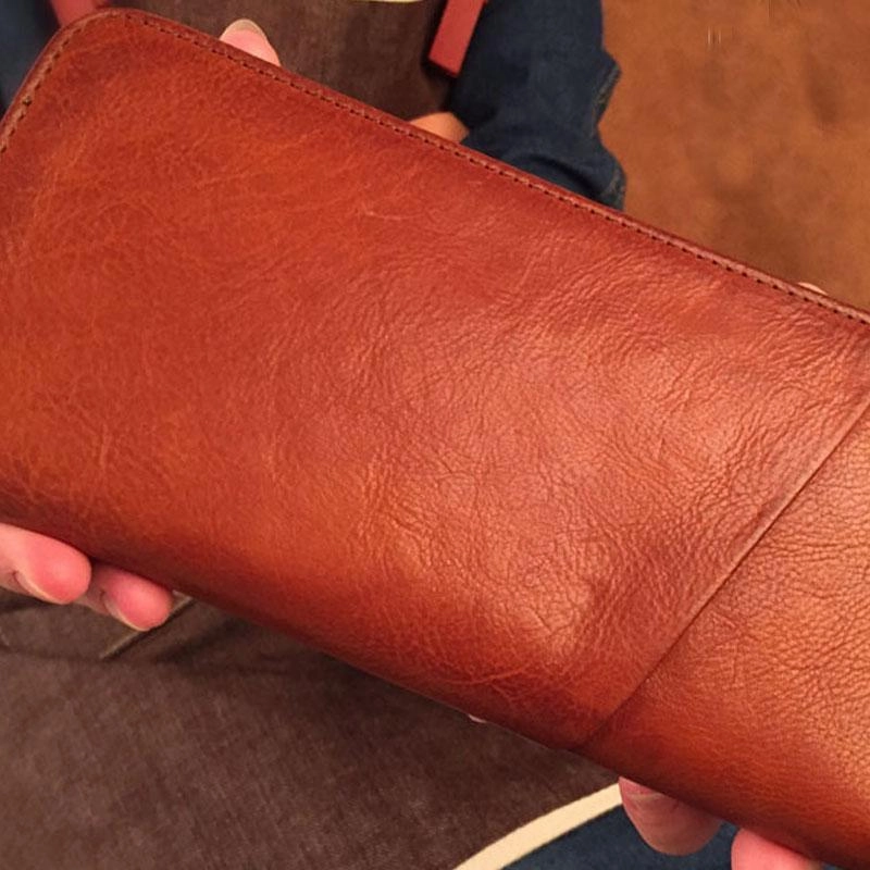 Genuine Leather Mens Cool Long Leather Phone Wallet Zipper Clutch Wristlet Wallet for Men
