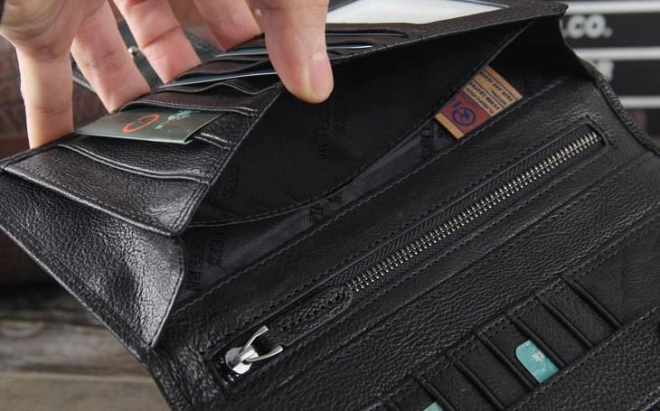 Genuine Leather Mens Cool Long Leather Wallet Cards Clutch Wristlet Wallet for Men