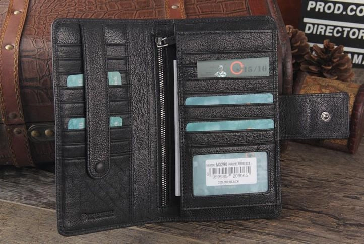 Genuine Leather Mens Cool Long Leather Wallet Cards Clutch Wristlet Wallet for Men