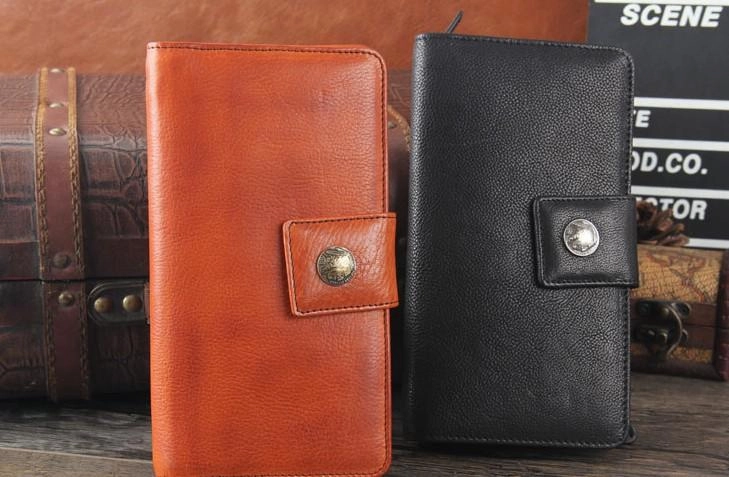 Genuine Leather Mens Cool Long Leather Wallet Cards Clutch Wristlet Wallet for Men