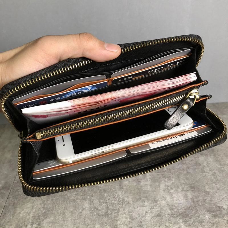 Genuine Leather Mens Cool Long Leather Wallet Zipper Clutch Wristlet Wallet for Men