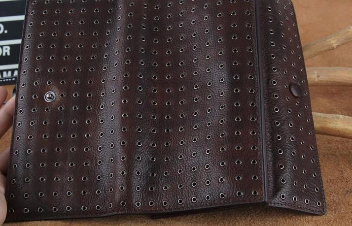Genuine Leather Mens Cool Long Leather Wallet Zipper Clutch Wristlet Wallet for Men