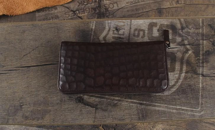 Genuine Leather Mens Cool Long Leather Wallet Zipper Clutch Wristlet Wallet for Men