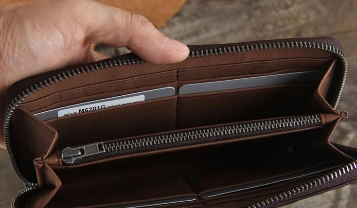 Genuine Leather Mens Cool Long Leather Wallet Zipper Clutch Wristlet Wallet for Men