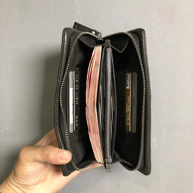 Genuine Leather Mens Cool Long Leather Wallet Zipper Clutch Wristlet Wallet for Men