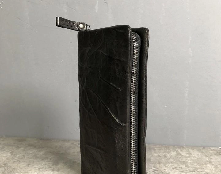Genuine Leather Mens Cool Long Leather Wallet Zipper Clutch Wristlet Wallet for Men