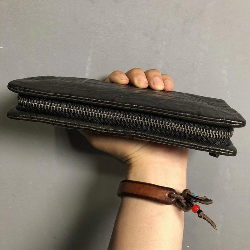 Genuine Leather Mens Cool Long Leather Wallet Zipper Clutch Wristlet Wallet for Men