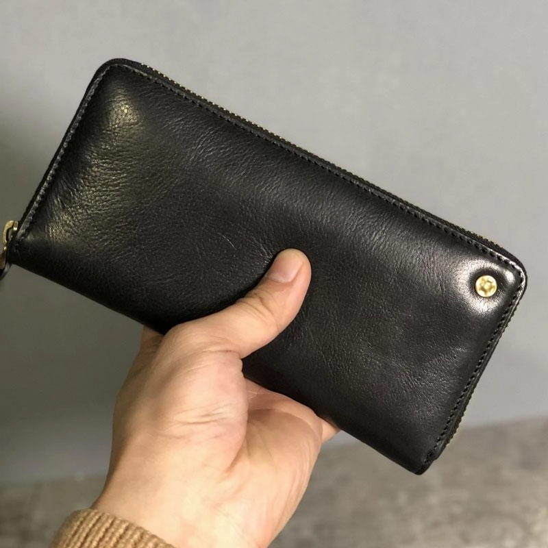Genuine Leather Mens Cool Long Leather Wallet Zipper Clutch Wristlet Wallet for Men