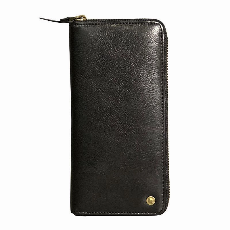 Genuine Leather Mens Cool Long Leather Wallet Zipper Clutch Wristlet Wallet for Men