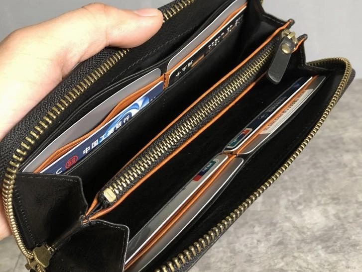 Genuine Leather Mens Cool Long Leather Wallet Zipper Clutch Wristlet Wallet for Men