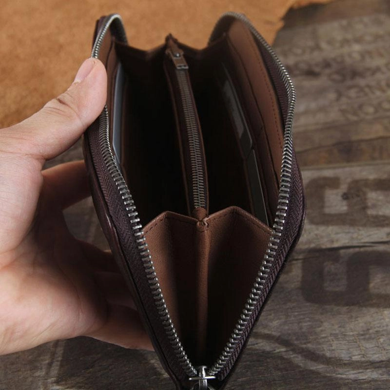 Genuine Leather Mens Cool Long Leather Wallet Zipper Clutch Wristlet Wallet for Men