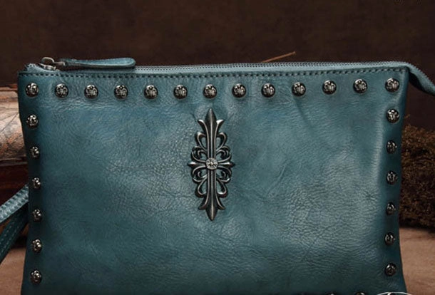 Genuine Leather Rivet Handbag Clutch Vintage Crossbody Bag Shoulder Bag Purse For Women