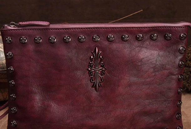 Genuine Leather Rivet Handbag Clutch Vintage Crossbody Bag Shoulder Bag Purse For Women