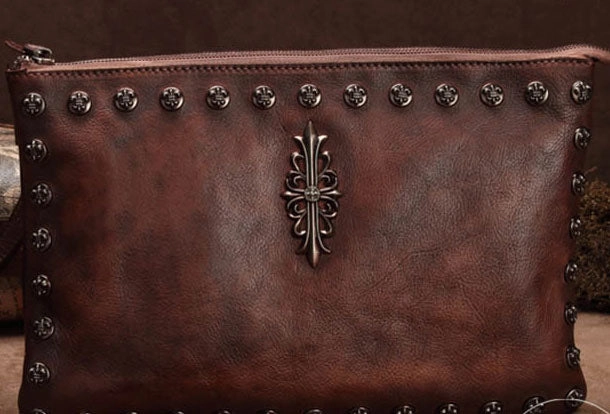 Genuine Leather Rivet Handbag Clutch Vintage Crossbody Bag Shoulder Bag Purse For Women