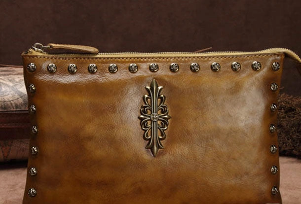 Genuine Leather Rivet Handbag Clutch Vintage Crossbody Bag Shoulder Bag Purse For Women
