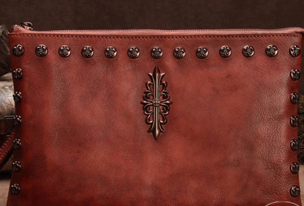 Genuine Leather Rivet Handbag Clutch Vintage Crossbody Bag Shoulder Bag Purse For Women