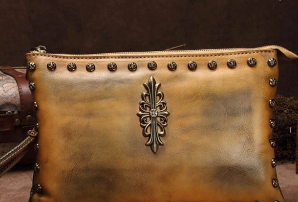 Genuine Leather Rivet Handbag Clutch Vintage Crossbody Bag Shoulder Bag Purse For Women