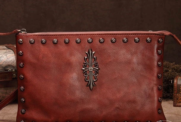 Genuine Leather Rivet Handbag Clutch Vintage Crossbody Bag Shoulder Bag Purse For Women