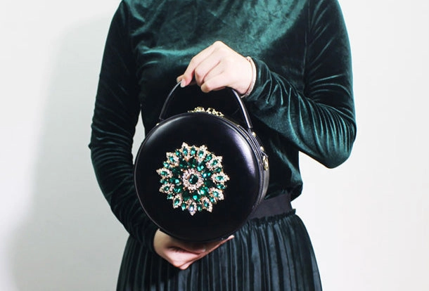 Genuine Leather Round Bag Handbag Purse Shoulder Bag Black for Women Leather Crossbody Bag