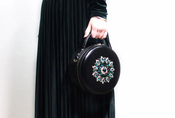 Genuine Leather Round Bag Handbag Purse Shoulder Bag Black for Women Leather Crossbody Bag