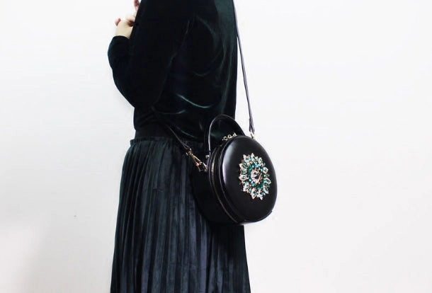 Genuine Leather Round Bag Handbag Purse Shoulder Bag Black for Women Leather Crossbody Bag