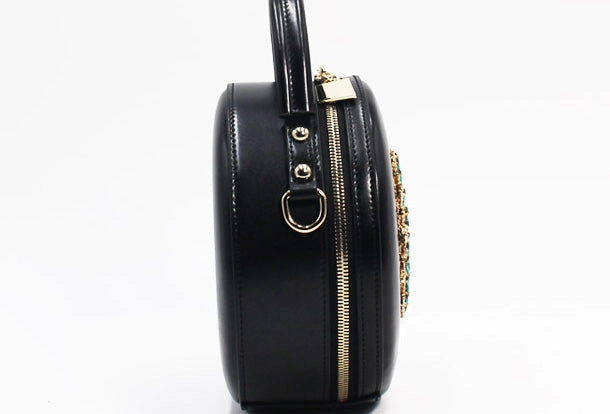 Genuine Leather Round Bag Handbag Purse Shoulder Bag Black for Women Leather Crossbody Bag