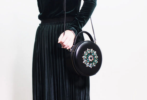 Genuine Leather Round Bag Handbag Purse Shoulder Bag Black for Women Leather Crossbody Bag