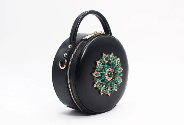Genuine Leather Round Bag Handbag Purse Shoulder Bag Black for Women Leather Crossbody Bag