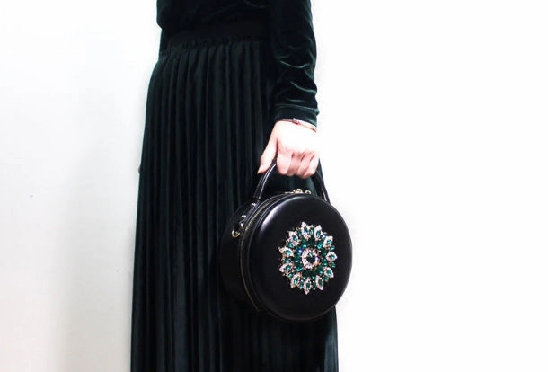 Genuine Leather Round Bag Handbag Purse Shoulder Bag Black for Women Leather Crossbody Bag