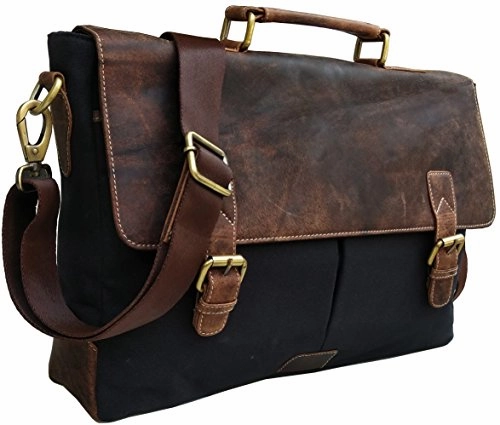 Genuine Leather Vintage 15.6" Laptop Canvas Messenger Satchel Bag