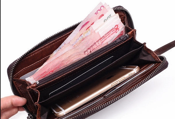 Genuine long wallet leather men phone clutch vintage wallet for men