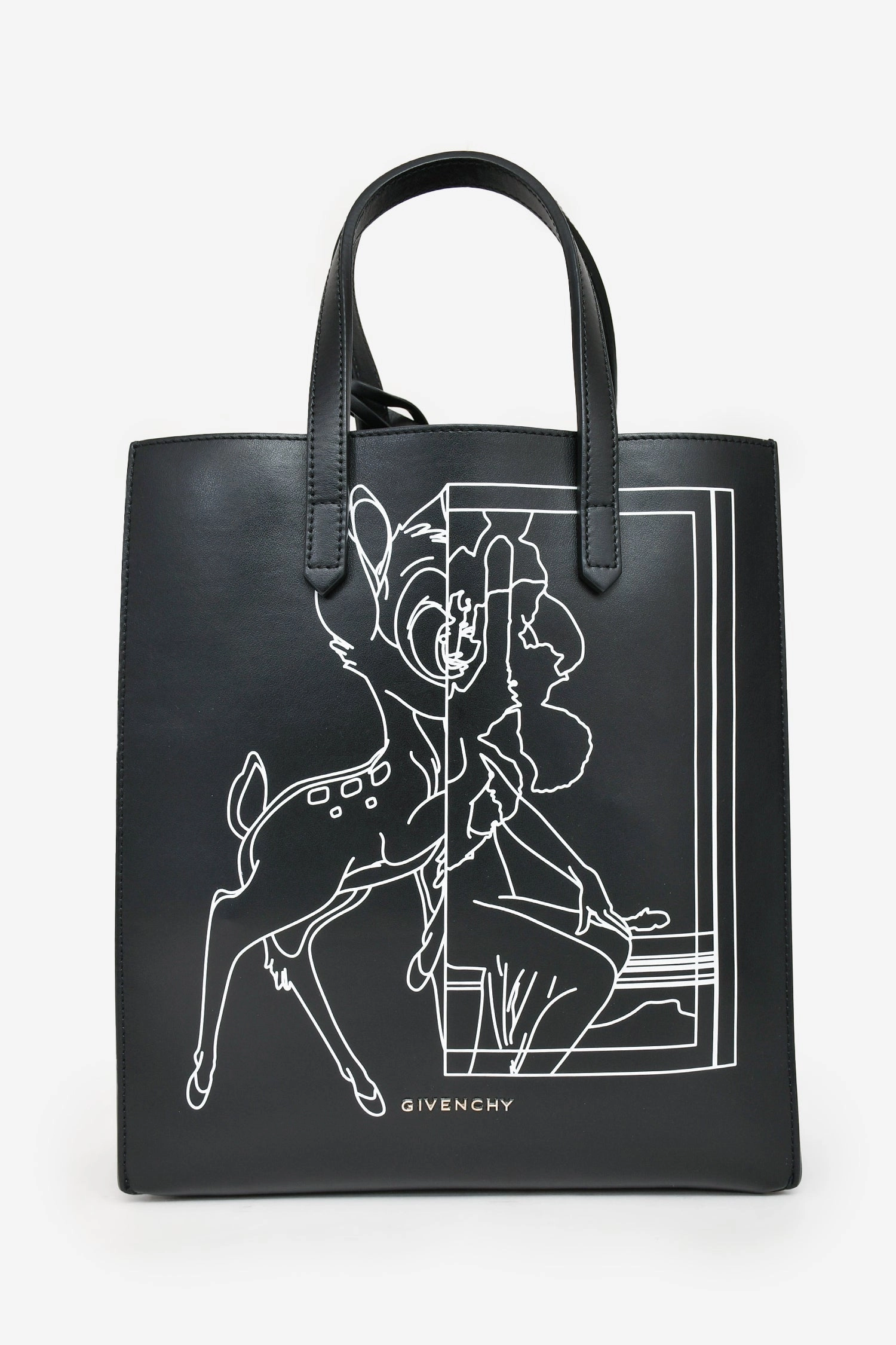 Givenchy 2016 Black Leather Bambi Print Tote with Strap
