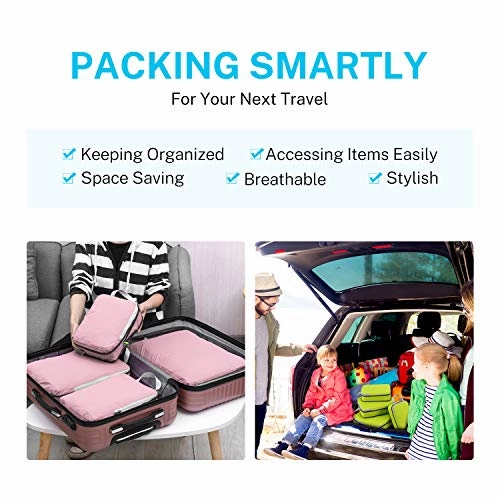Gonex Compression Packing Cubes, 4pcs Expandable Storage Travel Luggage Bags Organizers (Pink)