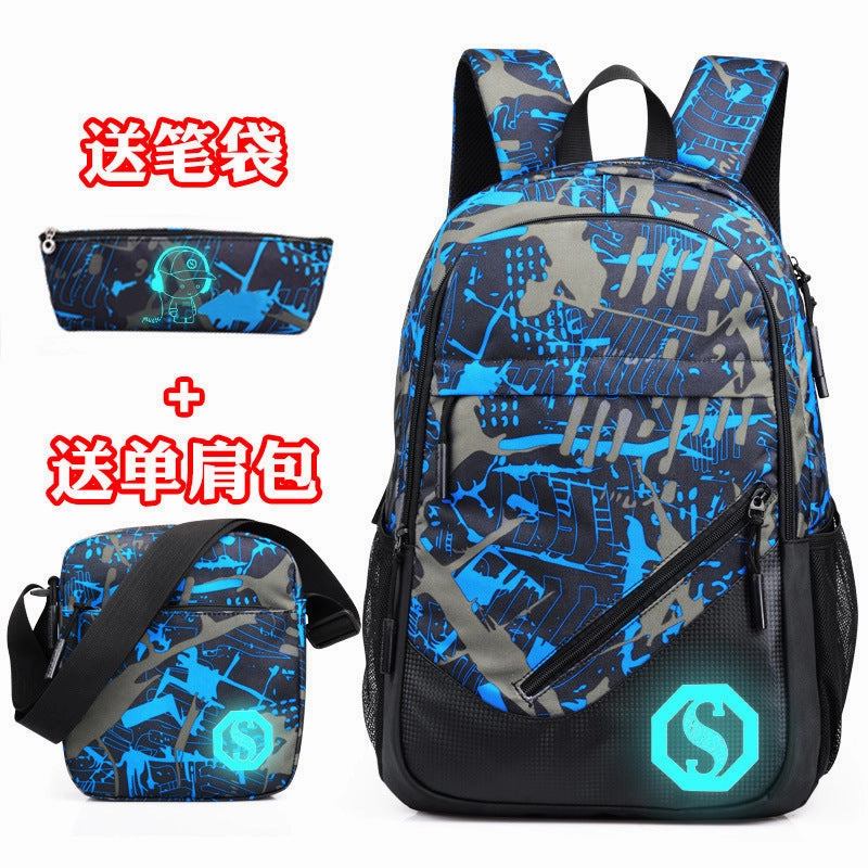 Graffiti three-piece lattice backpack male student bag back Pack casual computer junior high school backpack