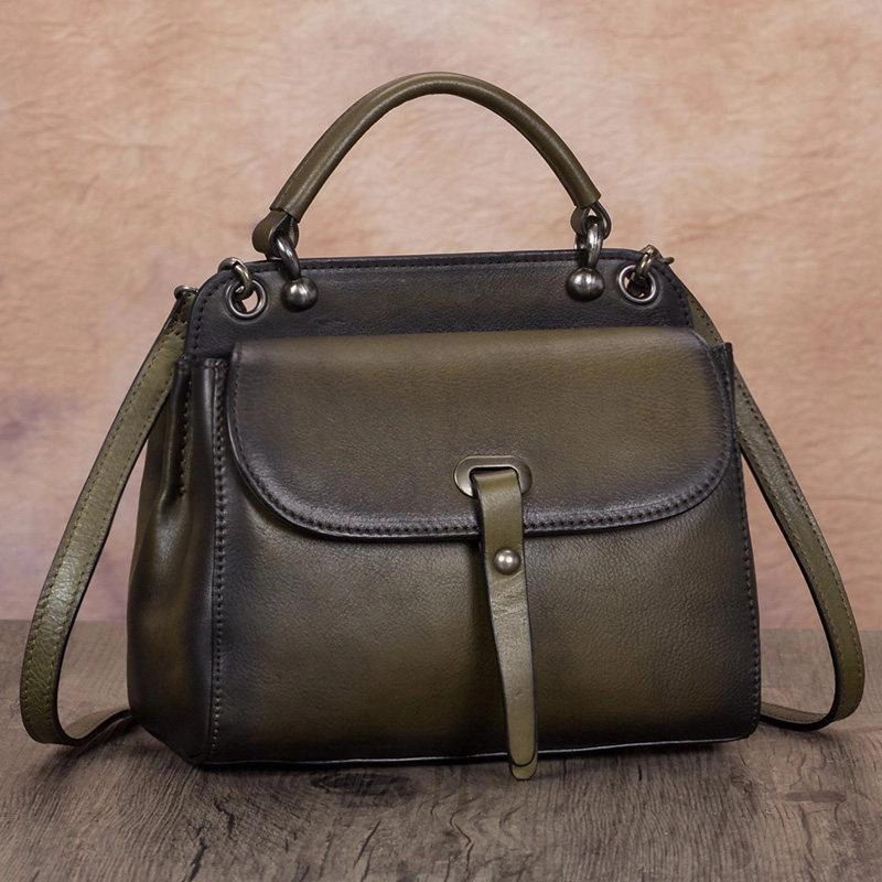 Green Vintage Ladies Leather Square Satchel Handbag Purse Brown SHoulder Bag Side Bag for WOmen