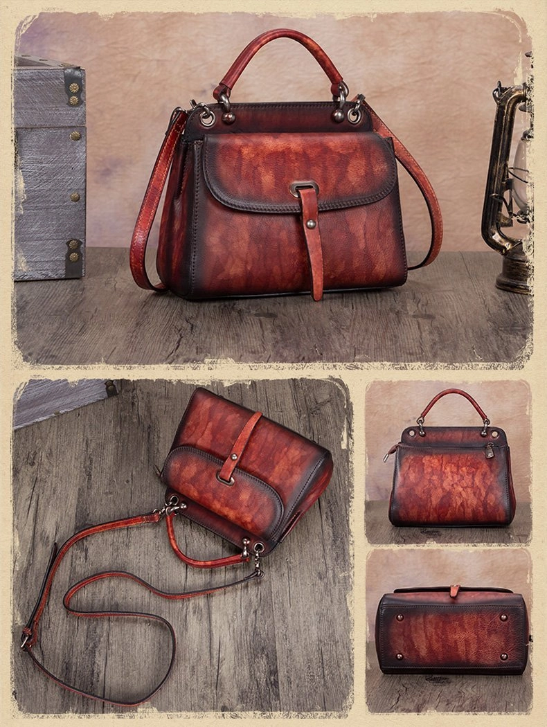 Green Vintage Ladies Leather Square Satchel Handbag Purse Brown SHoulder Bag Side Bag for WOmen