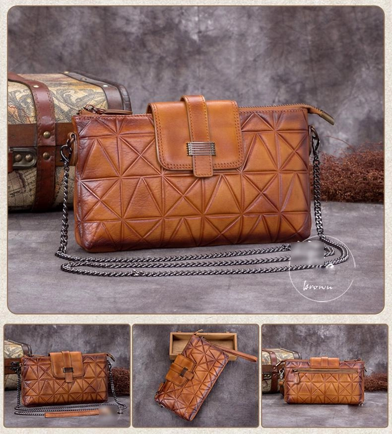 Grey Geometric Ladies Leather Zipper Chain Shoulder Bag Red Long Wallet Phone Clutch Bag Purse for Women