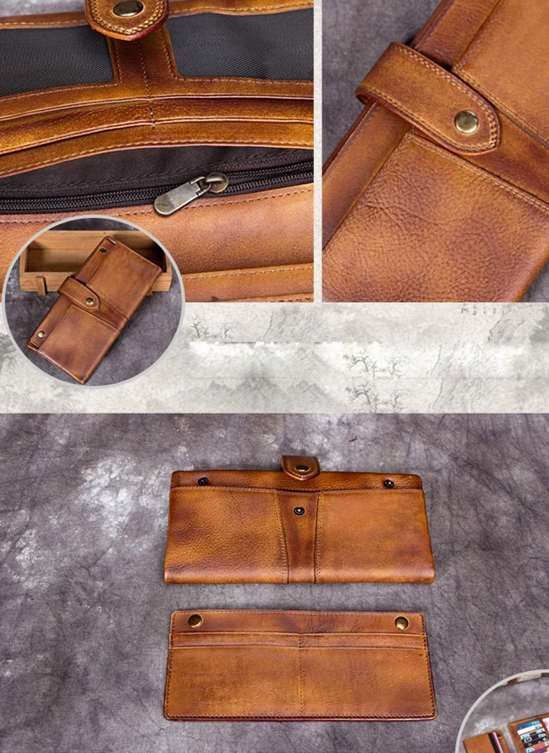 Grey Vintage Mens Leather Bifold Long Wallet Brown Phone Clutch Purse for Men